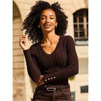 Sosandar Cable Knit V Neck Jumper - Chocolate Brown