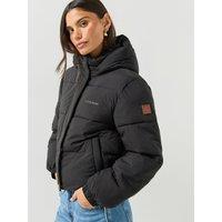 Guess Jeans Womens Cropped Hooded Puffer Jacket - Black