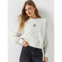 Guess Jeans Womens Relaxed Fit Cropped Leopard Star Sweatshirt - Grey
