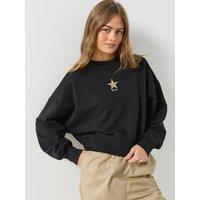 Guess Jeans Womens Cropped Drop Shoulder Leopard Sweatshirt - Black