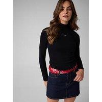 Guess Jeans Womens Slim Fit Ribbed Mock Neck Top - Black