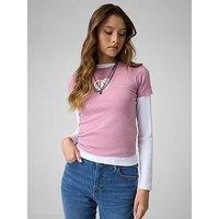 Guess Jeans Womens Puff Heart Logo Stretch Slim Fit T-Shirt - Pink