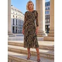 Roman Petite Printed Mesh Ruched Midi Dress