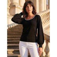 Roman Square Neck Pearl Trim Knit Jumper