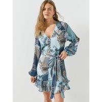 Guess Womens Nicole Ruffle Tie Waist Flare Dress - Blue