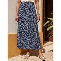 Roman Flower Print Jersey Stretch Skirt - Blue