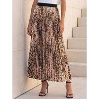 Roman Animal Print Pleated Midi Skirt - Cream