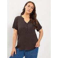 Yours Curve Short Sleeve Henley Button T-Shirt - Brown
