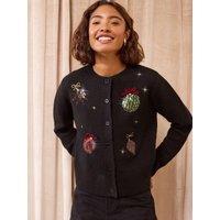 Friends Like These Bauble Embellished Button Through Christmas Cardigan - Black