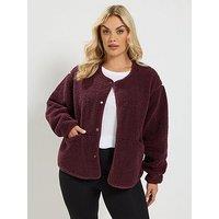 Yours Curve Collarless Popper Fleece Jacket - Red