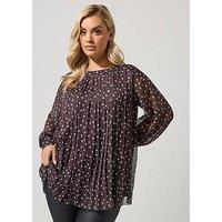 Yours Womens Plus Size Pleated Polka Dot Long Sleeve Blouse - Brown