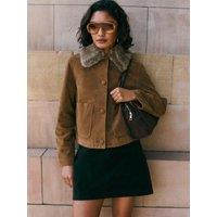 Friends Like These Brown Fur Collar Short Faux Suede Jacket