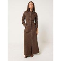 Pixiegirl Womens Petite Button-Through Collared Denim Maxi Dress - Brown