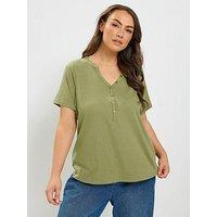 Yours Curve Short Sleeve Henley Button T-Shirt - Green