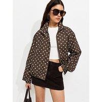 New Look Polka Dot Bubble Hem Zip Windbreaker Jacket - Brown