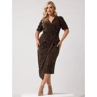 Yours Womens Plus Size Sequin Velvet Midi Wrap Dress - Brown