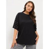Yours Curve Stud Sleeve T-Shirt - Black