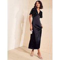 Friends Like These Black Short Sleeve Sequin Satin Midi Dress