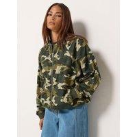 Pixiegirl Womens Petite Twill Camo Zip-Front Bomber Jacket - Green