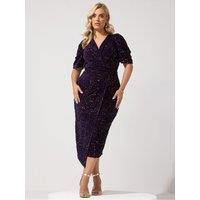 Yours Womens Curve Sequin Velvet Puff Sleeve Wrap Dress - Purple