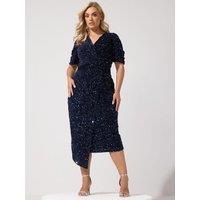 Yours Womens Curve Sequin Velvet Puff Sleeve Wrap Dress - Blue