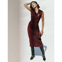 Friends Like These Burgundy Red Suedette Hardware Draped Midi Dress