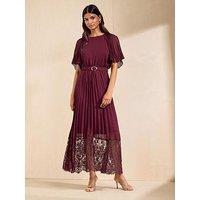 Friends Like These Berry Red Pleated Short Sleeve Lace Hem Midi Dress