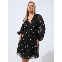 Yours Womens Curve Shirred Waist V-Neck Mini Dress - Black