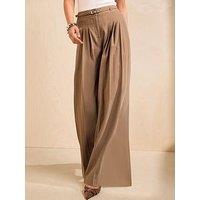 Friends Like These Mocha Belted Pleat Wide Leg Trousers - Brown