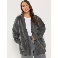 Yours Womens Curve Faux Fur Fleece Ribbed Cardigan - Grey