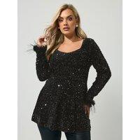 Yours Womens Plus Size Sequin Velvet Faux Fur Cuff Blouse - Black