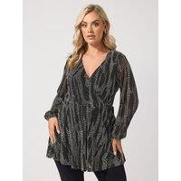 Yours Womens Plus Size Metallic Wrap V-Neck Long Sleeve Blouse - Black