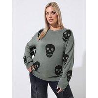 Yours Curve Skull Knitted Jumper - Grey