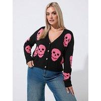 Yours Curve Skull Button Cardigan - Black