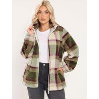 Yours Womens Curve Feather Zip-Through High Neck Check Fleece Jacket - Green