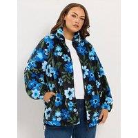 Yours Women'S Curve Floral Print Feather Zip Through Fleece Jacket - Blue