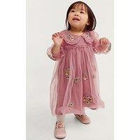 Monsoon Baby Girls Pink Floral Mesh Embroidered Dress - Pink