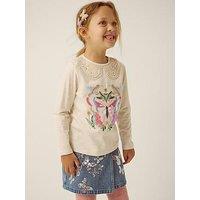 Monsoon Girls Long Sleeve Sparkle Butterffly Embroidered Tshirt - Light Cream