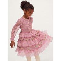 Monsoon Girls Mesh Sequin Embroidered Ruffle Dress - Pink