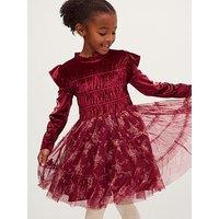 Monsoon Girls Velvet Shirred Tiered Disco Dress - Dark Red