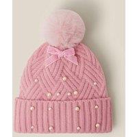 Monsoon Girls Pearl Pom Pom Cable Knitted Hat - Pink