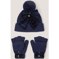 Monsoon Girls Navy Bow Hat & Glove Set - Navy