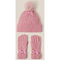Monsoon Girls Pearl Cable Hat & Gloves - Pink