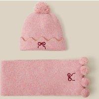 Monsoon Girls Embroidered Bow Pom-Pom Knitted Hat & Scarf Set - Pink