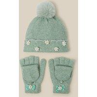 Monsoon Girls Scallop Pom-Pom Hat & Gloves Set - Green