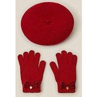 Monsoon Girls Velvet Bow Beret & Gloves - Red