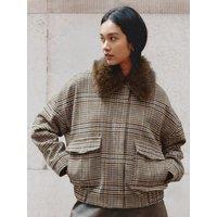 Albaray Womens Faux Fur Collar Check Bomber Jacket - Beige