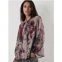 Religion Liv High Neck Button-Thru Blouse With Tie Sash In Floral Camellia Print - Pink