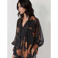 Religion Liv High Neck Button-Thru Blouse With Tie Sash In Abstract Facade Print - Brown