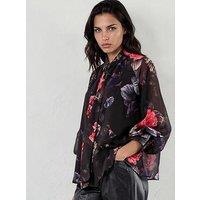 Religion Liv High Neck Button-Thru Blouse With Tie Sash In Floral Red And Blue Print